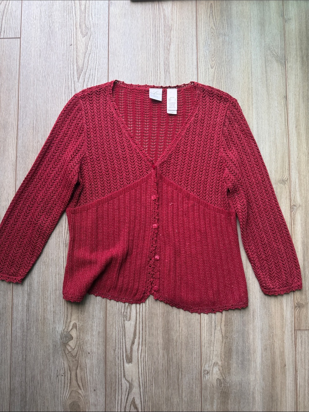 Emma James Crimson Open-Weave V-Neck Button Cardigan